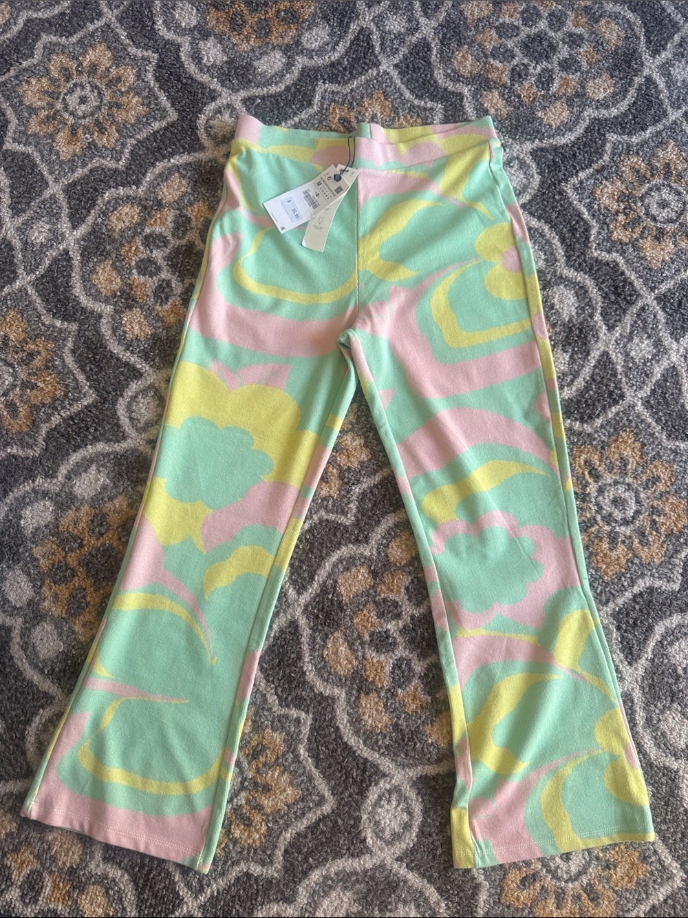 Zara Wide Leg Pants in Pastel Mint, Pink & Yellow Swirl